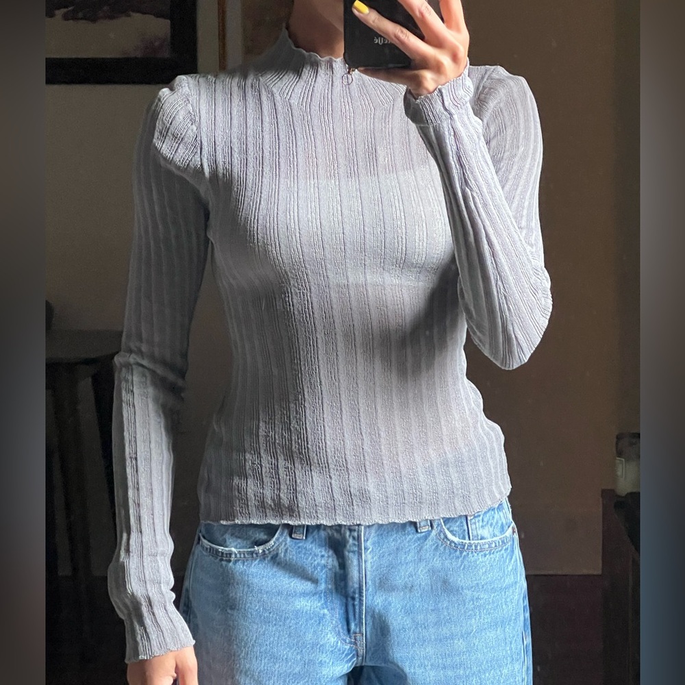 Elegant Gray Ribbed Long Sleeve Blouse